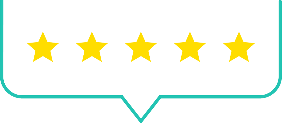 Ícone de balão de diálogo com cinco estrelas amarelas, representando avaliação máxima ou feedback positivo.