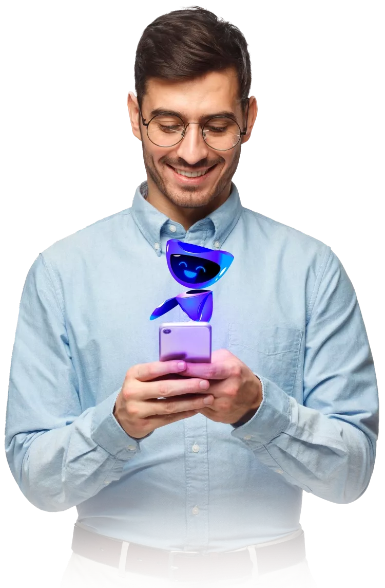 Homem sorridente usando óculos e camisa azul, segurando um smartphone com um personagem digital azul flutuando acima do dispositivo, representando a interação amigável e moderna com o software Immobile da Alterdata.