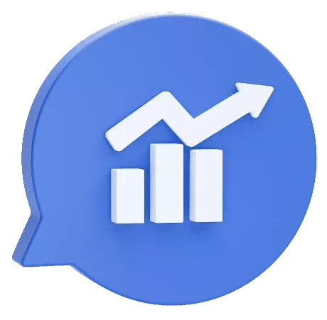 Ícone azul em forma de balão de diálogo com um gráfico de barras e uma seta apontando para cima, simbolizando crescimento e análise de desempenho no software Immobile da Alterdata.