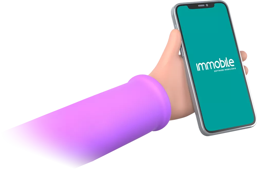 Ilustração de uma mão segurando um smartphone com a tela exibindo o logotipo do software imobiliário Immobile da Alterdata, representando a acessibilidade e mobilidade do software.