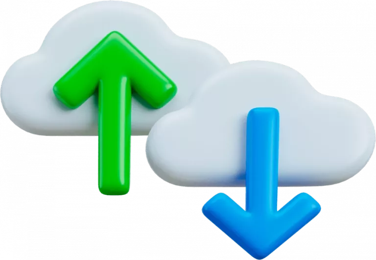 Ícones de nuvens com setas de upload verde e download azul, representando a sincronização de arquivos e dados na nuvem no software Immobile da Alterdata.