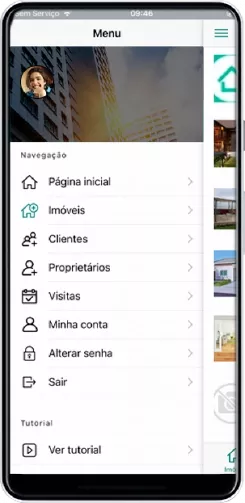 Tela de um smartphone mostrando o menu de navegação do aplicativo Immobile da Alterdata, com opções como Página inicial, Imóveis, Clientes, Proprietários, Visitas, Minha conta, Alterar senha, Sair e Ver tutorial.